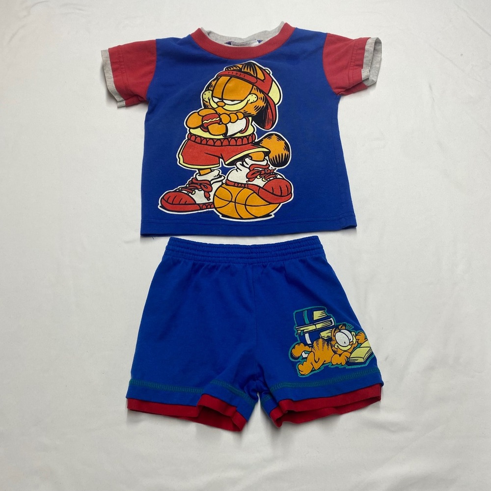 Vintage 1994 Garfield Paws Toddler 2T Blue Red Basketball Shirt Shorts Set